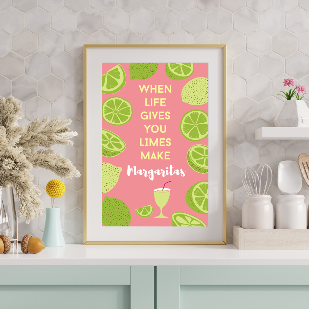 pink poster with lime illustrations with the text if life gives you limes make margaritas