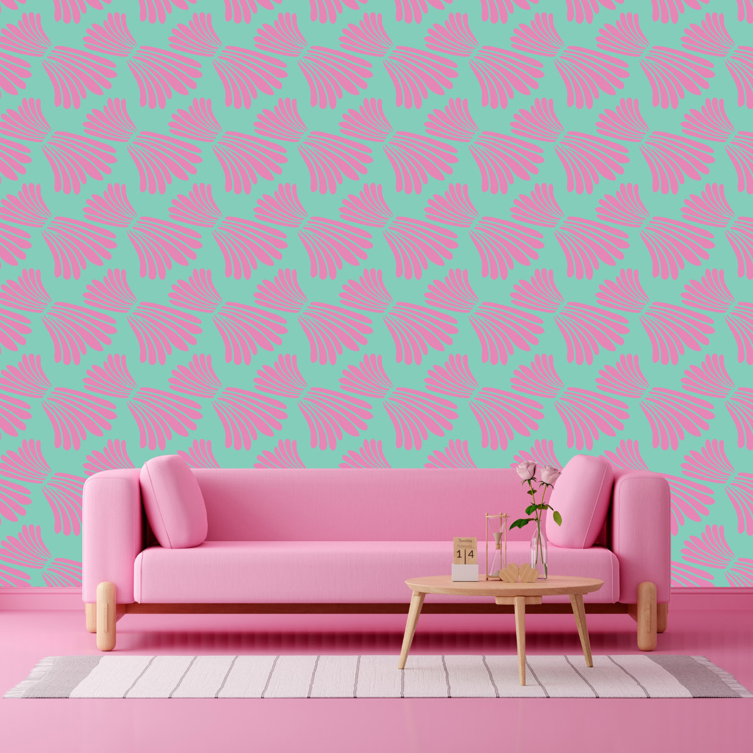 pink couch with pink and turquoise sea slug wallpaper behind
